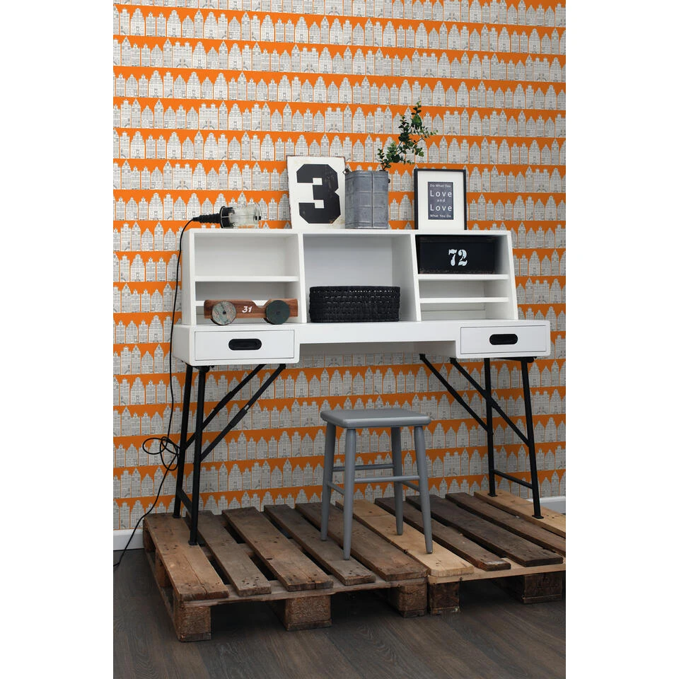 ESTAhome Behang - Amsterdamse Huizen - Oranje En Wit - 53 Cm X 10,05 M - 115874 2 ESTAhome Behang - Amsterdamse Huizen - Oranje En Wit - 53 Cm X 10,05 M - 115874 - Afbeelding 2