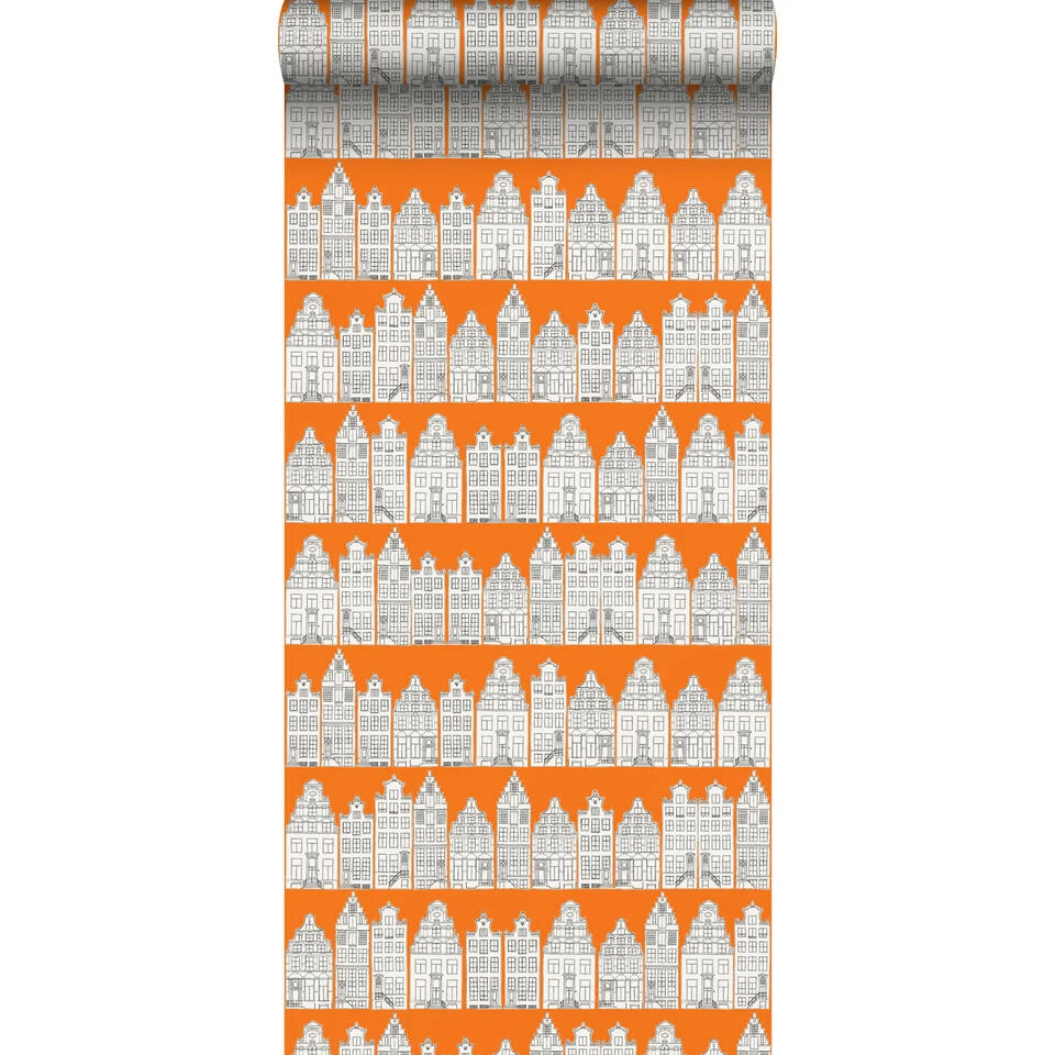 ESTAhome Behang - Amsterdamse Huizen - Oranje En Wit - 53 Cm X 10,05 M - 115874 1 ESTAhome Behang - Amsterdamse Huizen - Oranje En Wit - 53 Cm X 10,05 M - 115874