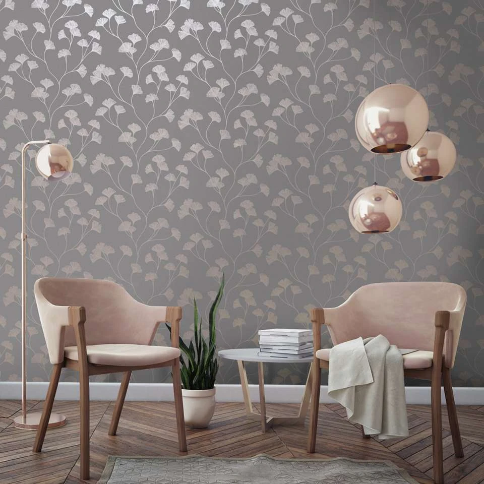 Dutch Wallcoverings - Indulgence Gingko Grey/rose/gold - 0,53x10,05m - Afbeelding 2