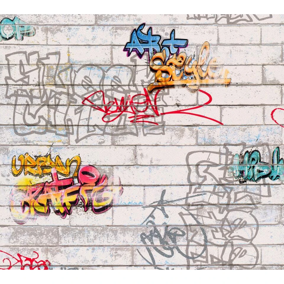 A.S. Création Behang - Graffiti - Grijs, Oranje En Blauw - 53 Cm X 10,05 M - AS