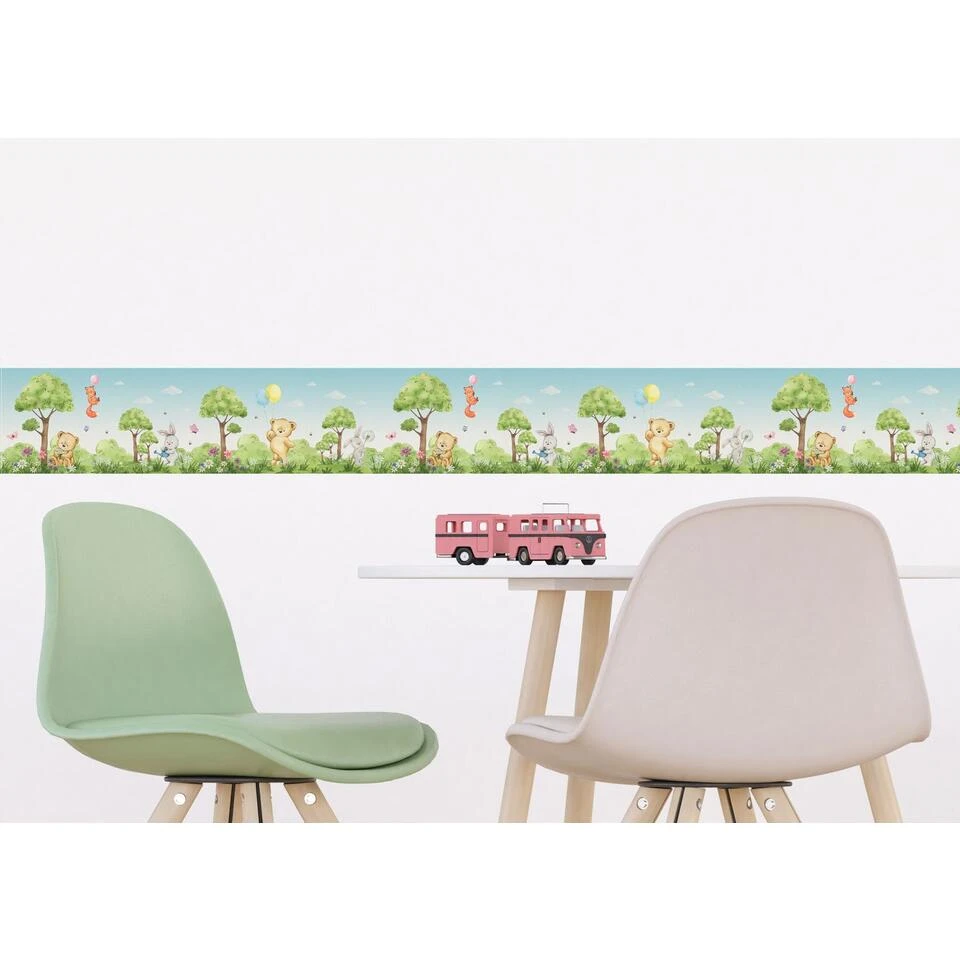 Sanders & Sanders Zelfklevende Behangrand - Bos Met Bosdieren - Groen En Blauw - Afbeelding 3