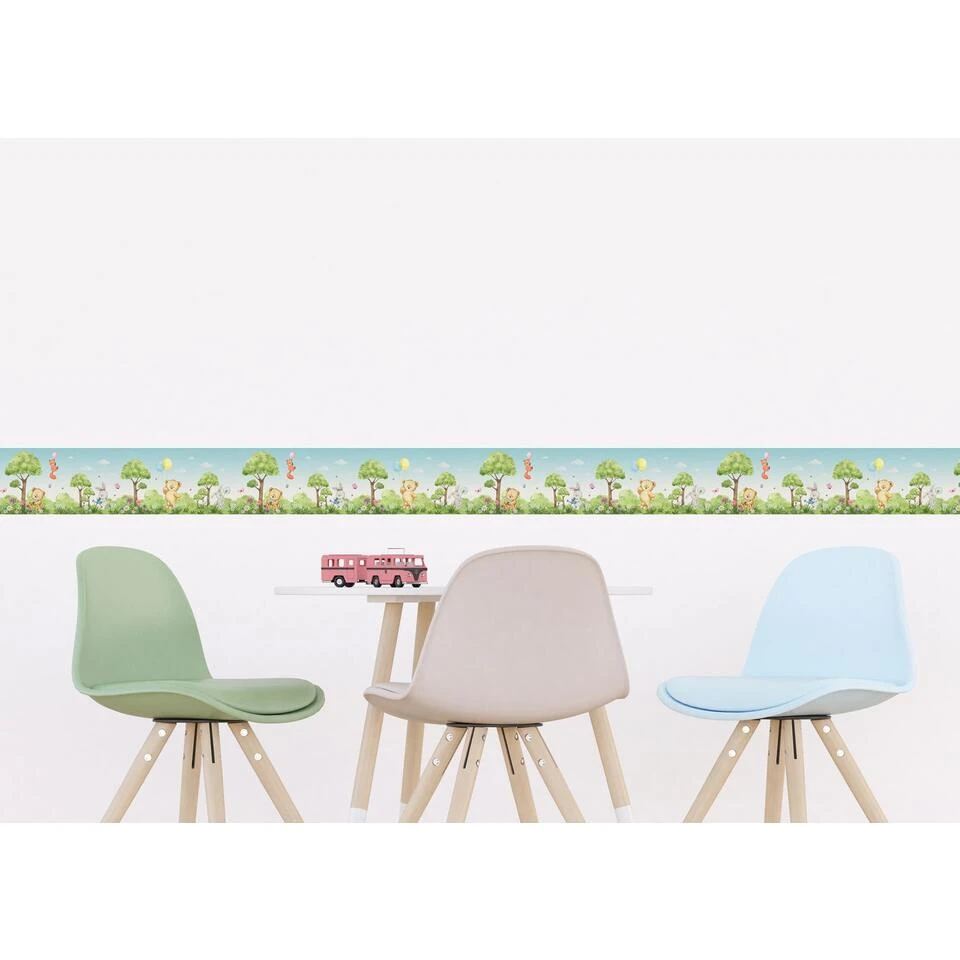 Sanders & Sanders Zelfklevende Behangrand - Bos Met Bosdieren - Groen En Blauw - Afbeelding 4