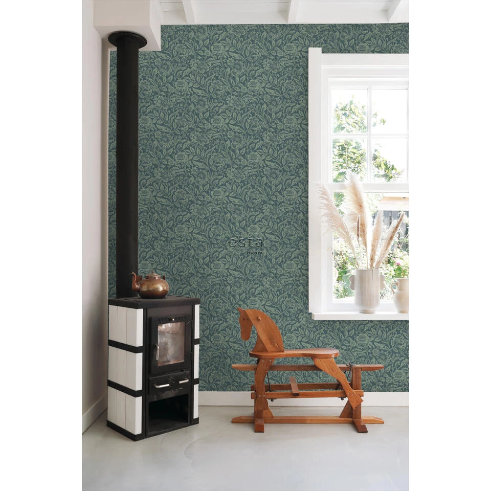 ESTAhome Behang - Vintage Bloemen - Donkerblauw En Vergrijsd Groen - Afbeelding 3