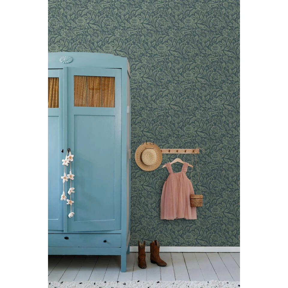 ESTAhome Behang - Vintage Bloemen - Donkerblauw En Vergrijsd Groen - Afbeelding 4