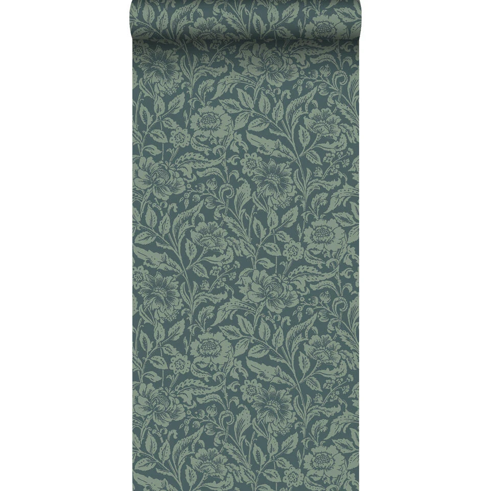 ESTAhome Behang - Vintage Bloemen - Donkerblauw En Vergrijsd Groen