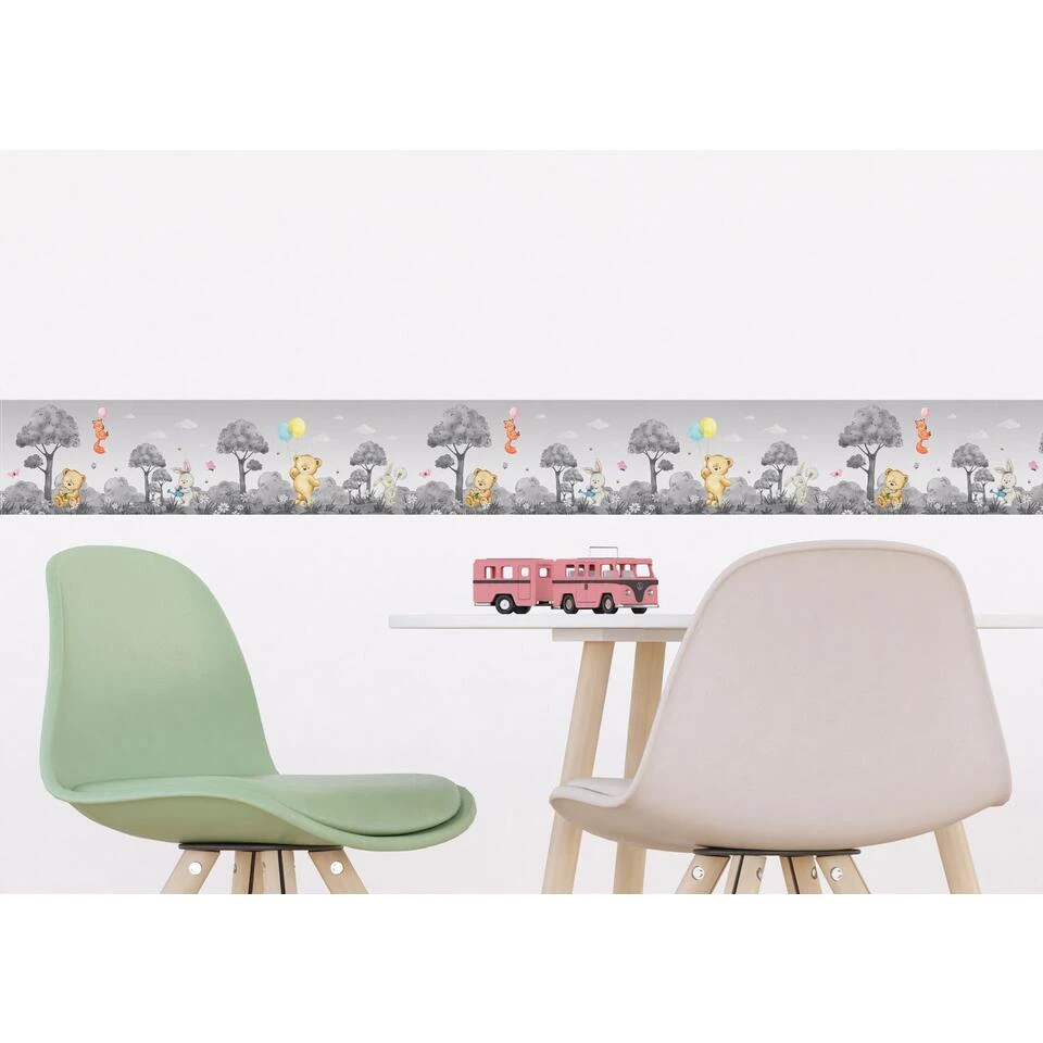 Sanders & Sanders Zelfklevende Behangrand - Bos Met Bosdieren - Grijs - Afbeelding 3