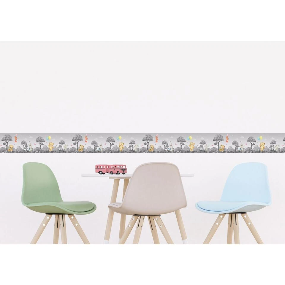 Sanders & Sanders Zelfklevende Behangrand - Bos Met Bosdieren - Grijs - Afbeelding 4