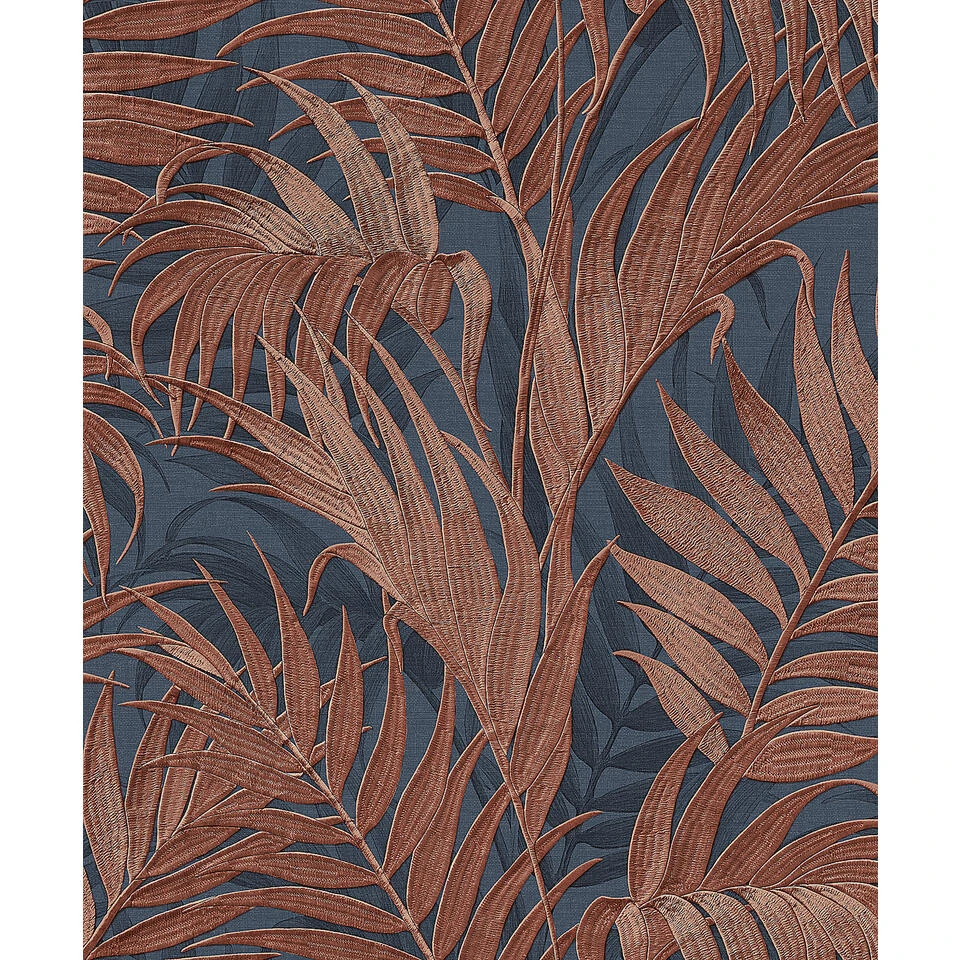 Dutch Wallcoverings - Grace Tropical Palm Leaf Blue/copper - GR322109