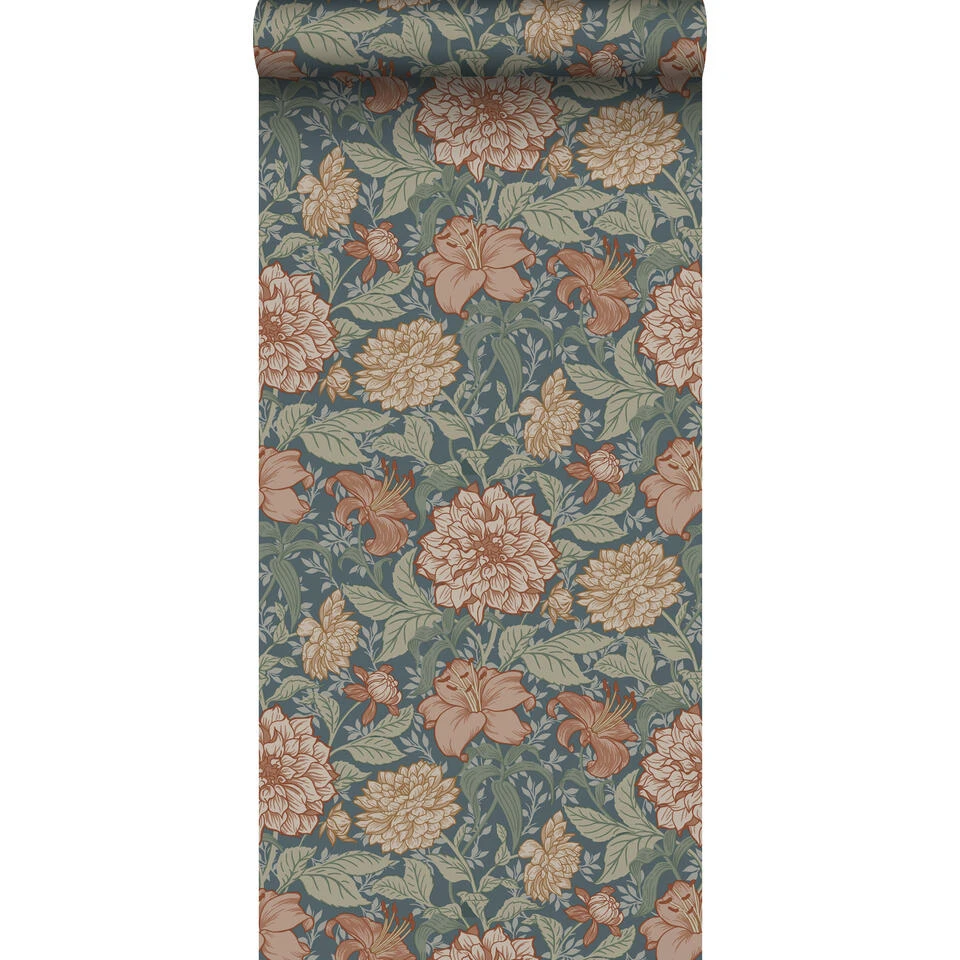 ESTAhome Behang - Vintage Bloemen - Vergrijsd Blauw - 0.53 X 10.05 M - 139642