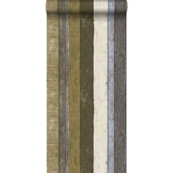 ESTAhome Behang - Houten Plankjes - Bruin En Kaki Groen