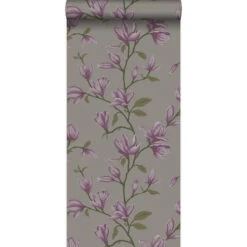 Origin Behang - Magnolia - Taupe En Aubergine Paars - 53 Cm X 10,05 M