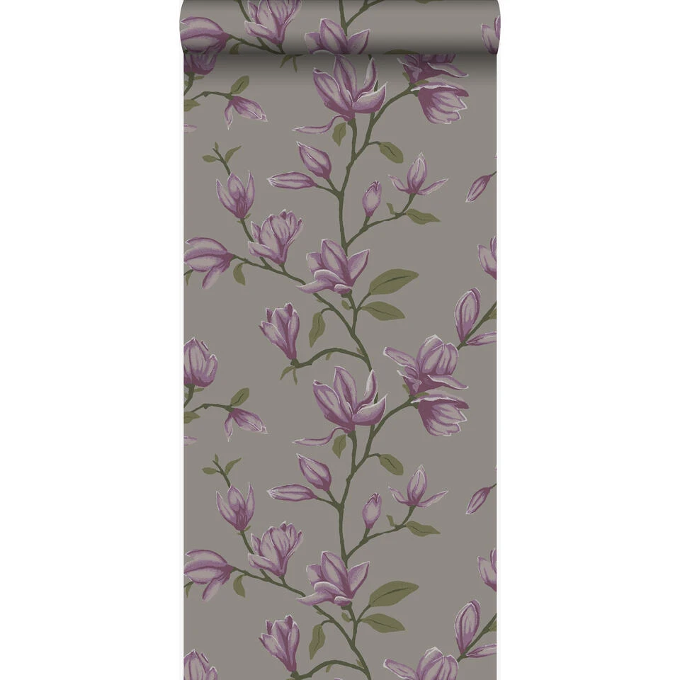 Origin Behang - Magnolia - Taupe En Aubergine Paars - 53 Cm X 10,05 M