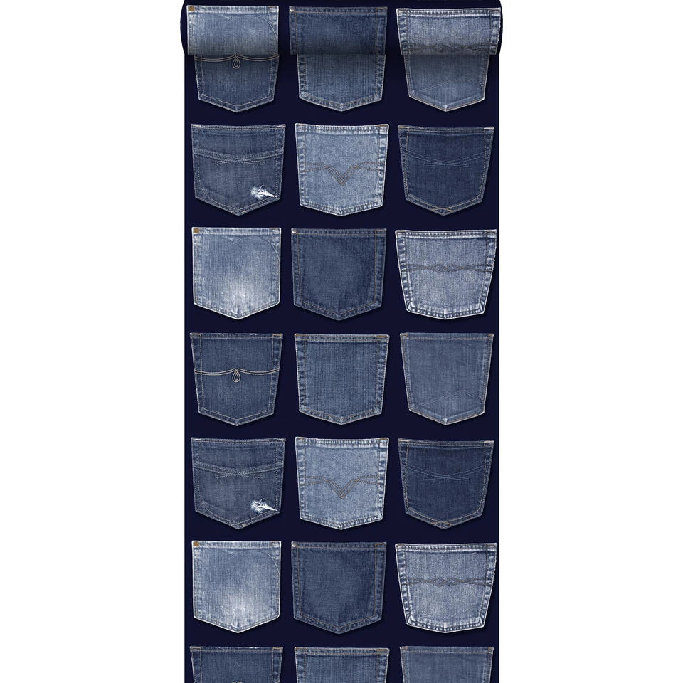 ESTAhome Behang - Spijkerbroeken Zakken - Blauw - 53 Cm X 10,05 M