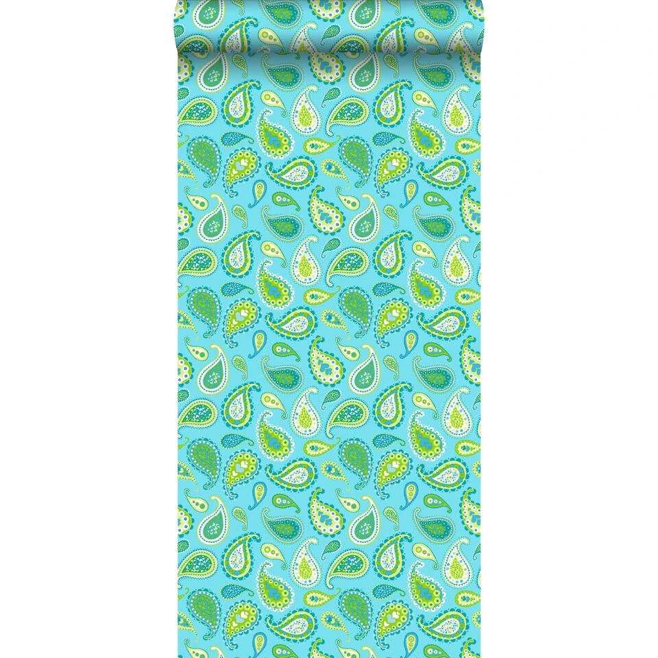 ESTAhome Behang - Paisleys - Turquoise En Limegroen - 53 Cm X 10,05 M