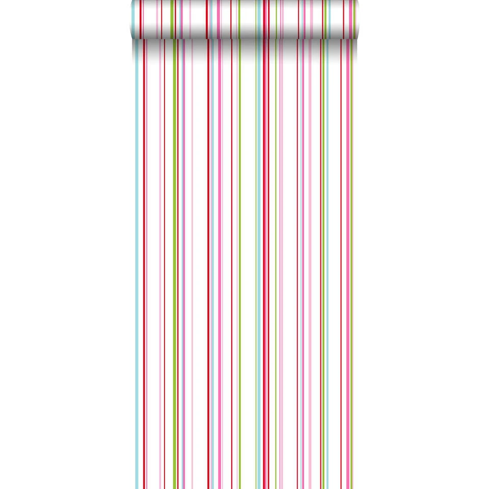ESTAhome Behang - Strepen - Limegroen, Roze En Turquoise