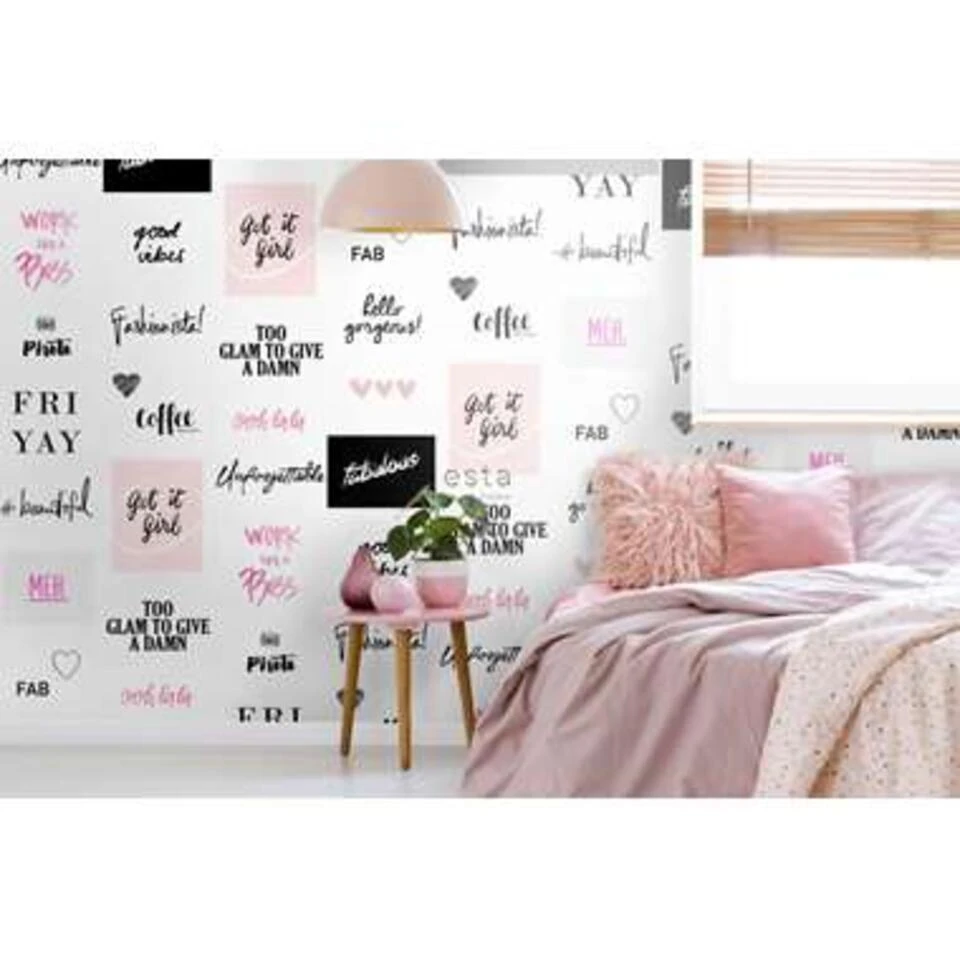 ESTAhome Behang XXL - Hippe Quotes - Zwart, Wit, Roze - 0.465 X 8.37 M - Afbeelding 4